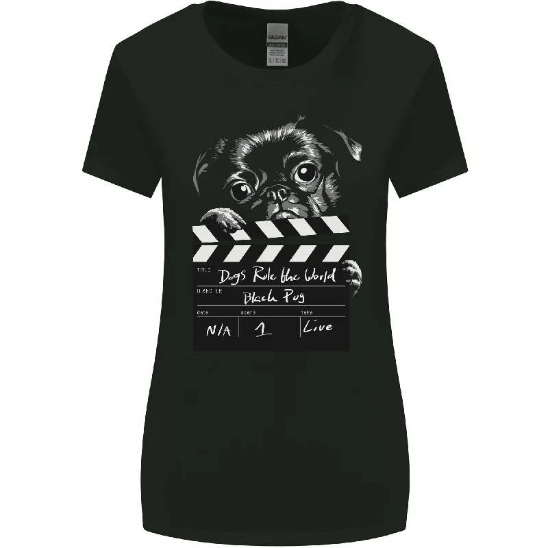 Dogs Rule the World Movie Black Pug Funny Womens Wider Cut T-Shirt Knit Fabric Woven Fabric Fleece Fabric