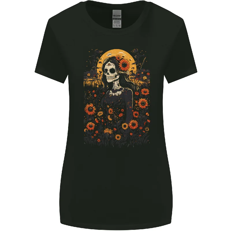DOTD Sugar Skull Girl Day of the Dead La Catrina Womens Wider Cut T-Shirt Faux Fur Fabric Real Fur Fabric Shearling Fabric