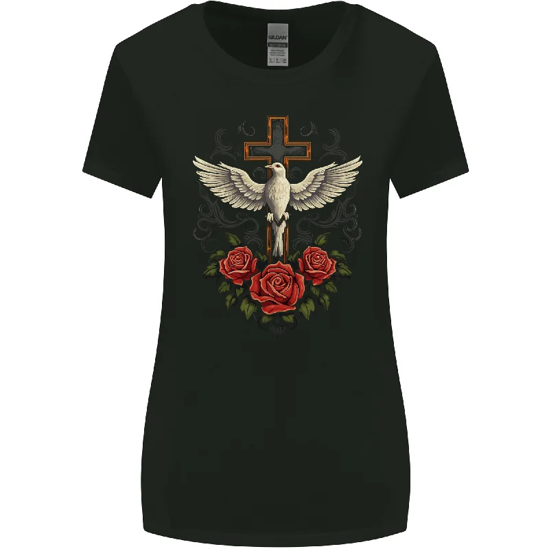 Dove of Redemption Gothic Cross Flowers Art Goth Womens Wider Cut T-Shirt Ribbed Striped Patterned