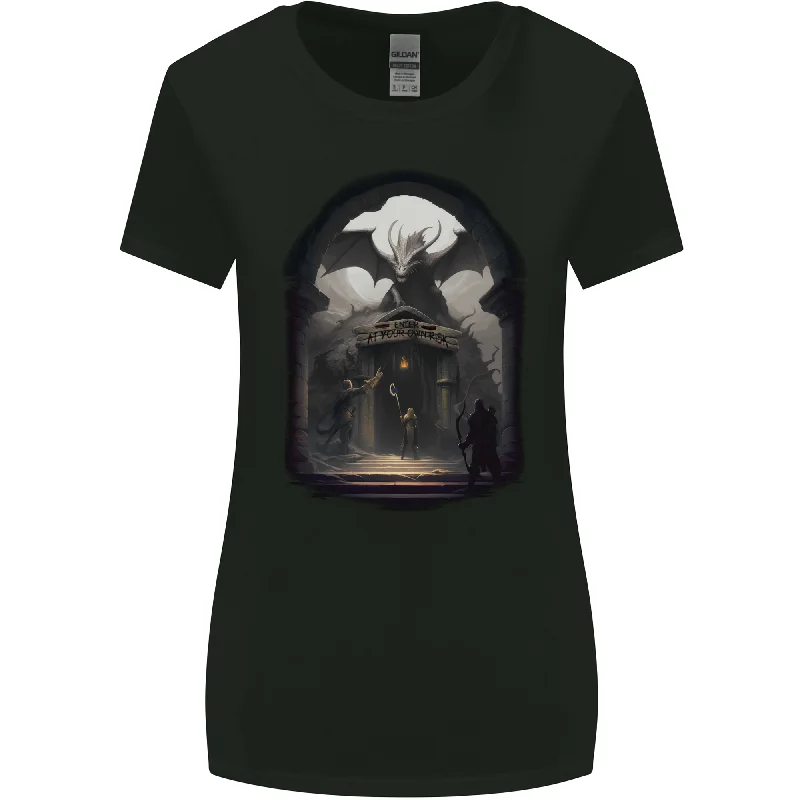 Dragon Cave Fantasy RPG Role Play Games Womens Wider Cut T-Shirt Zippered Front Buttoned Front Snap Front