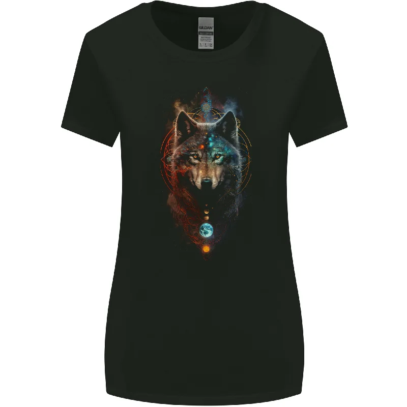 Dreamcatcher Wolf Spiritual Moon Phases Womens Wider Cut T-Shirt Hooded Caped Shawl Collar