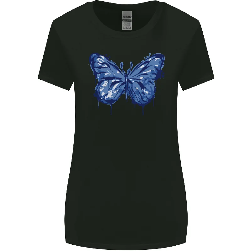 Dripping Blue Butterfly Rhopalocera Womens Wider Cut T-Shirt Faux Fur Fabric Real Fur Fabric Shearling Fabric