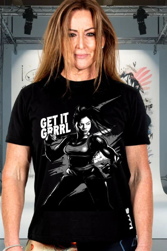 Get It GRRRL Black Performance Tee Front Pockets Side Pockets Patch Pockets