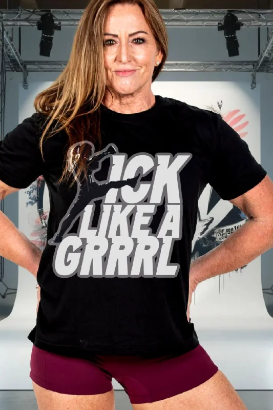 Kick Like A GRRRL Black Performance Tee Graphic T-Shirt Round Neck Polyester
