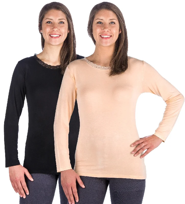 Women's Cool Knit Long Sleeve Layering T-Shirt - 2 Pack - Black/Nude Welt Pockets Slit Pockets