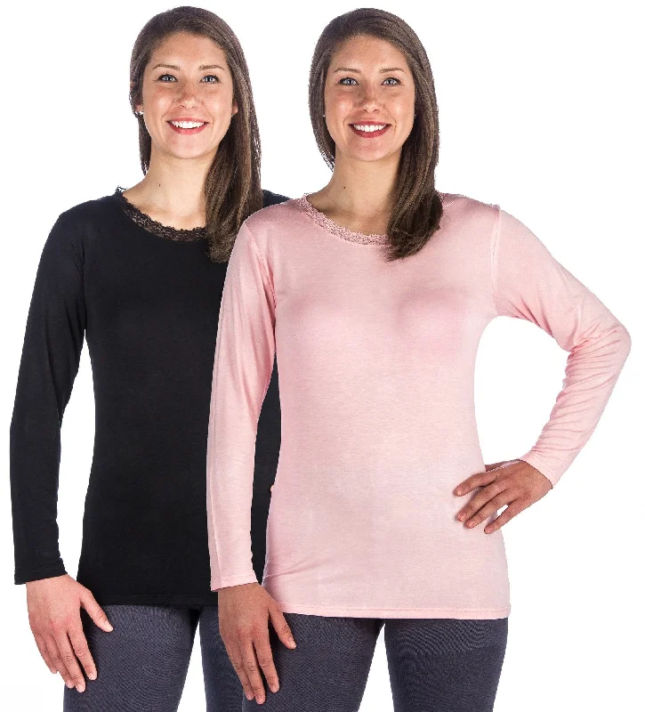 Women's Cool Knit Long Sleeve Layering T-Shirt - 2 Pack - Black/Pink Zippered Front Buttoned Front Snap Front