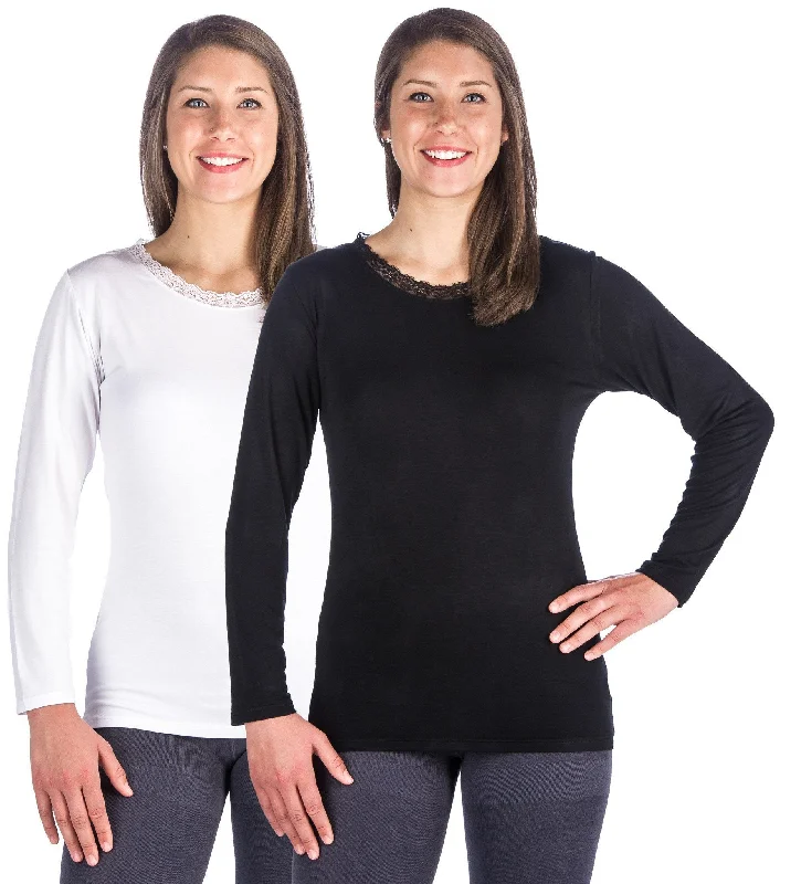 Women's Cool Knit Long Sleeve Layering T-Shirt - 2 Pack - Black/White Notch Collar Peter Pan Collar Cowl Neck
