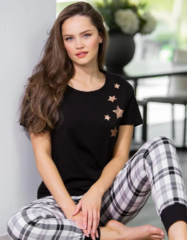 Pour Moi Cosy Check Trouser & Jersey T-Shirt Pyjama Black/Ivory Polka Dot Checkered Tartan