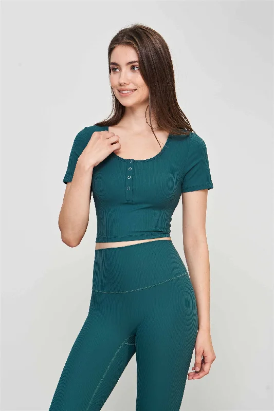 TX1537-Nuls ribbed nude Yoga Top Women's spring and summer skinny short-sleeved open and close buckle sport T-shirt Ribbed T-Shirt High Neck Heavyweight