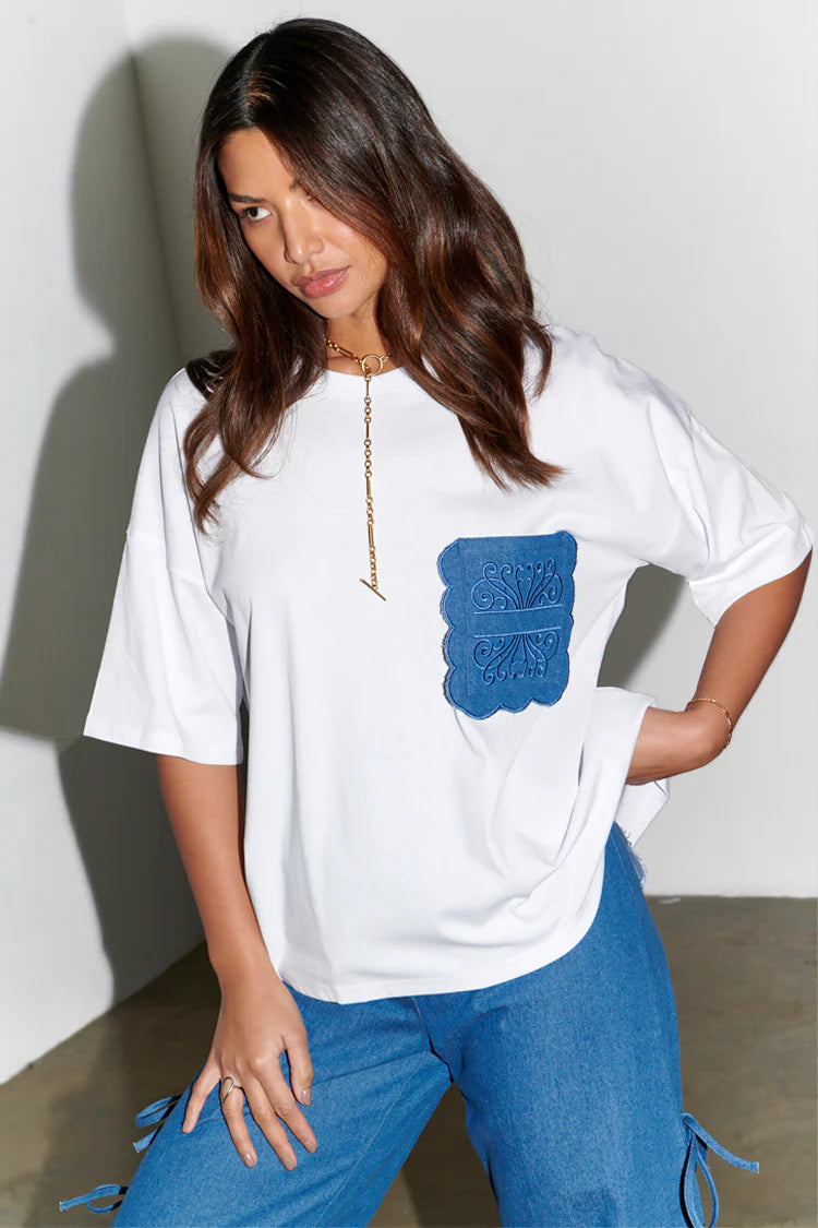 White Denim Pocket T-Shirt Cotton Fabric Linen Fabric Terry Fabric