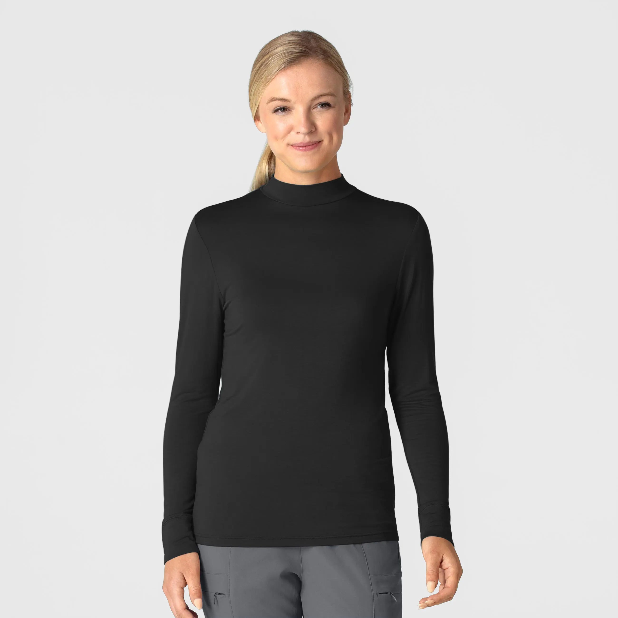 Wink Women's Long Sleeve Mock Neck Silky Tee - Black Basic T-Shirt Crew Neck Short Sleeve