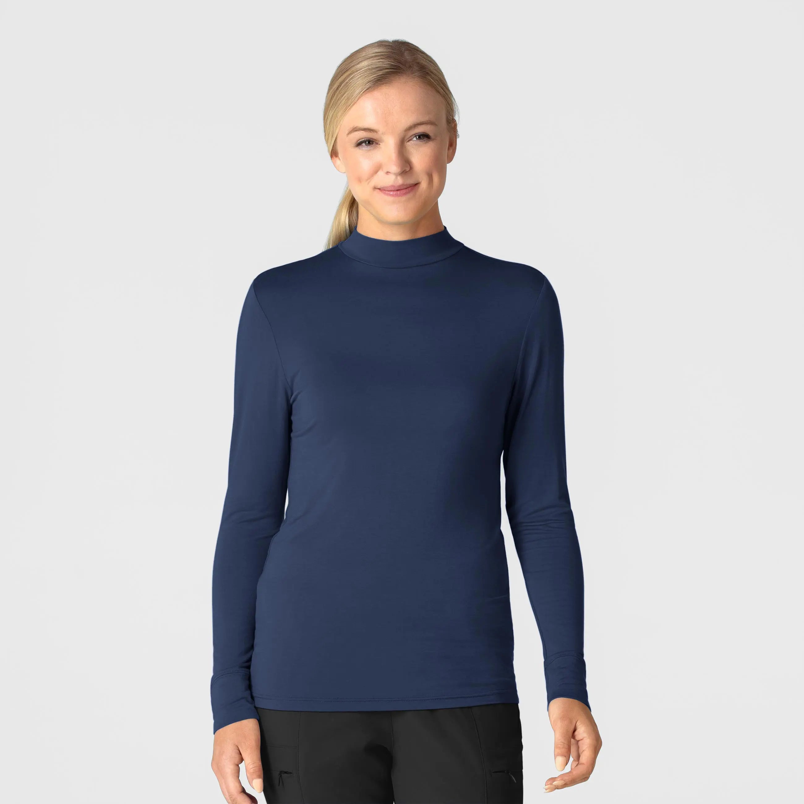 Wink Women's Long Sleeve Mock Neck Silky Tee - Navy Solid Color Striped Floral