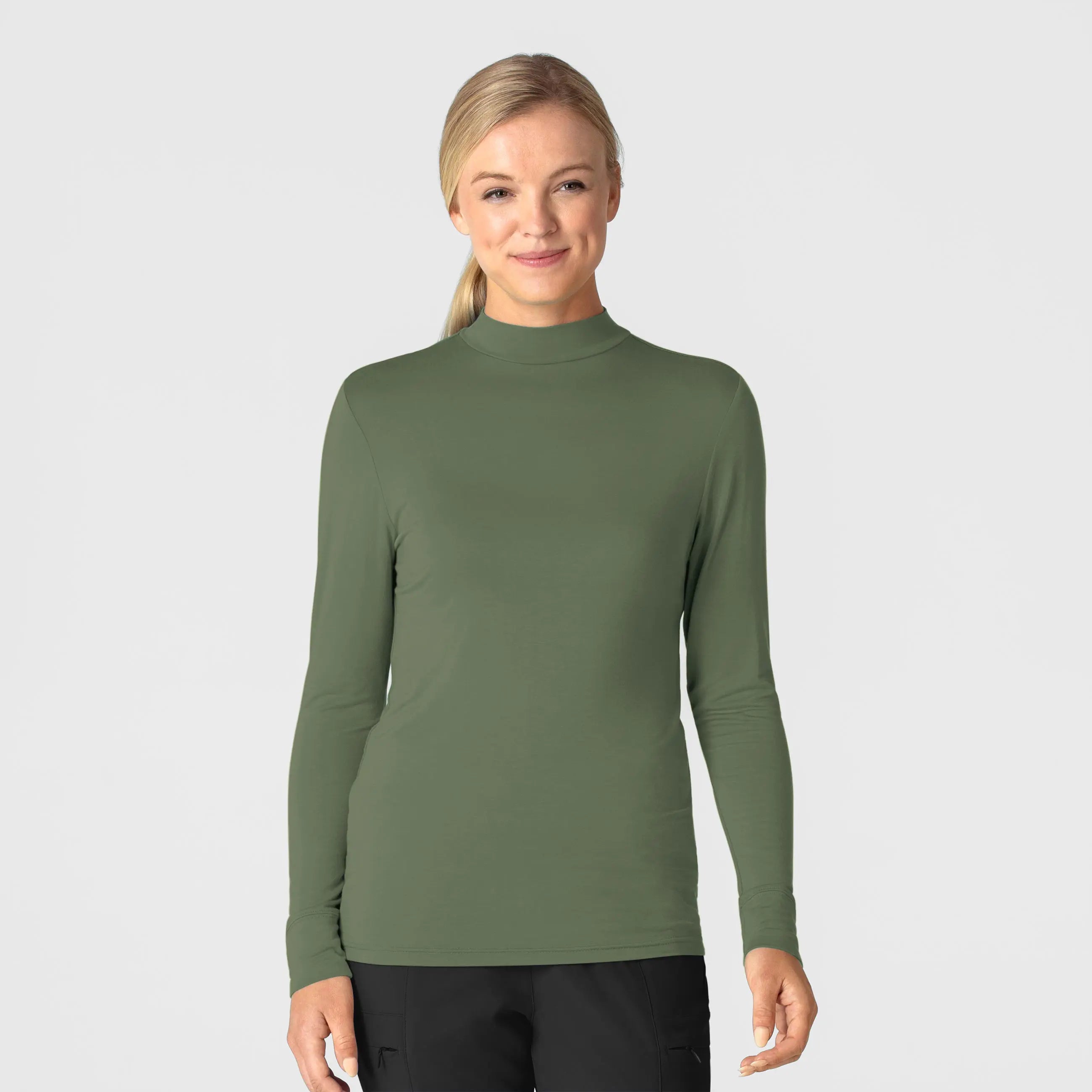 Wink Women's Long Sleeve Mock Neck Silky Tee - Olive Elegant Classic Vintage