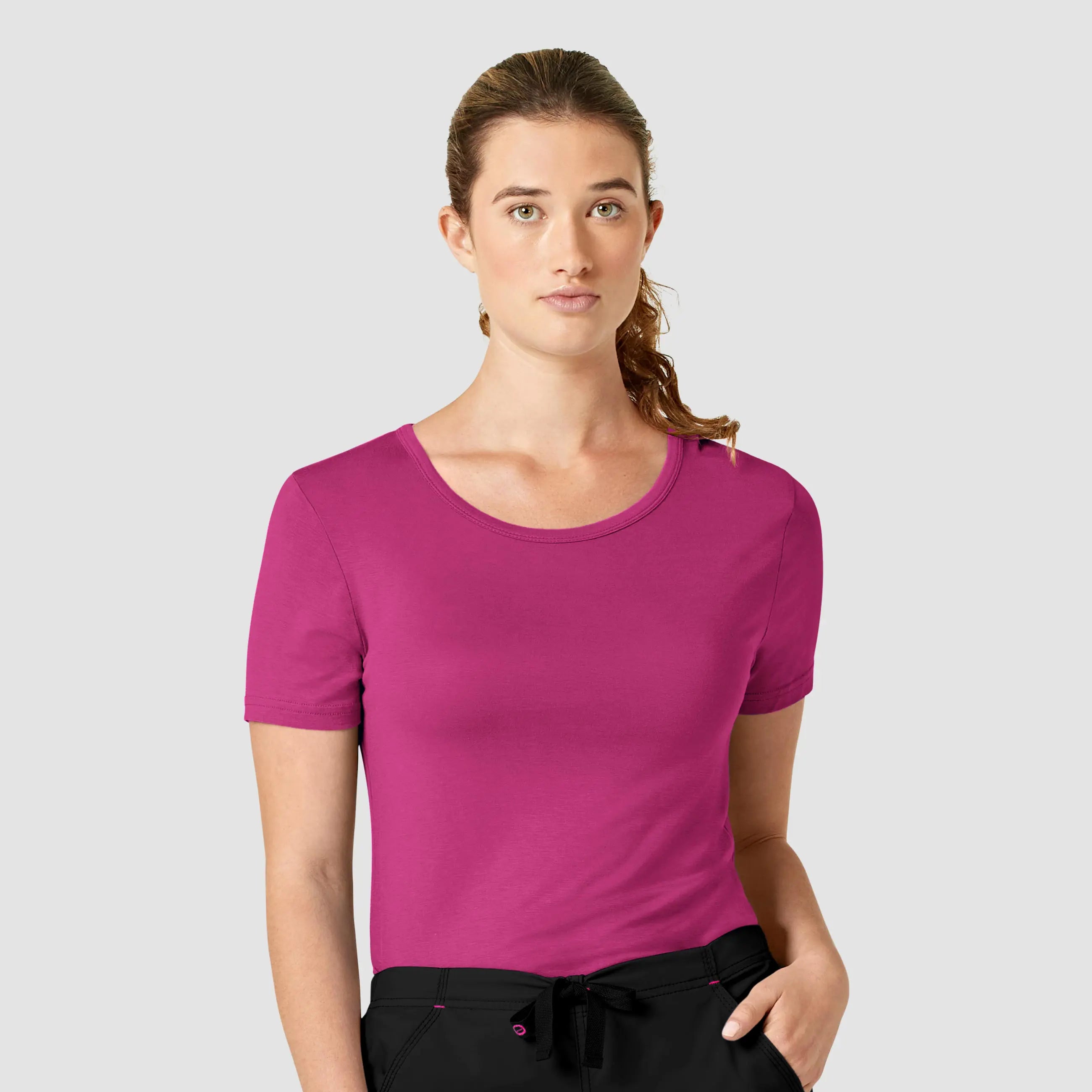 Wink Women's Silky Knit Short Sleeve Tee - Hot Pink Front Pockets Side Pockets Patch Pockets