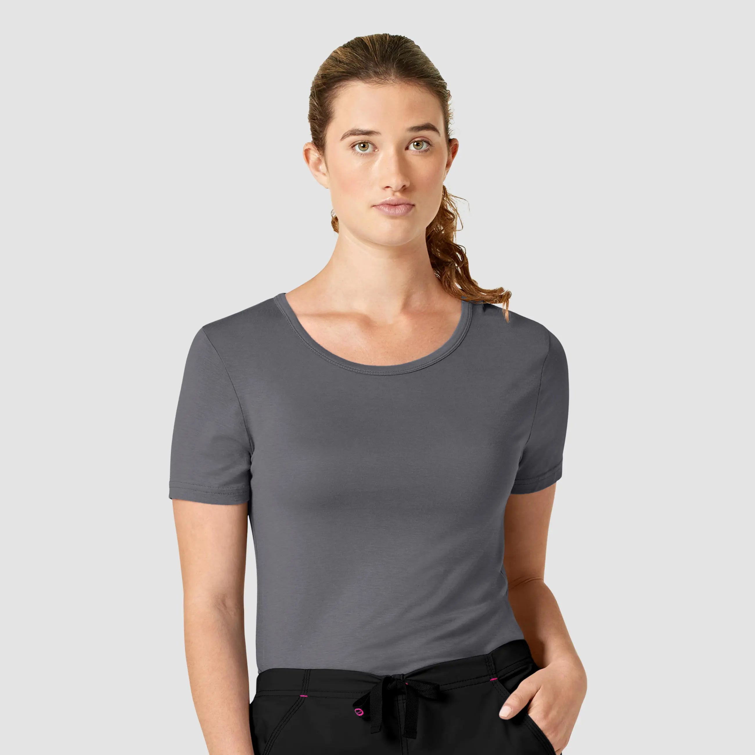 Wink Women's Silky Knit Short Sleeve Tee - Pewter Embroidered Appliqued Beaded