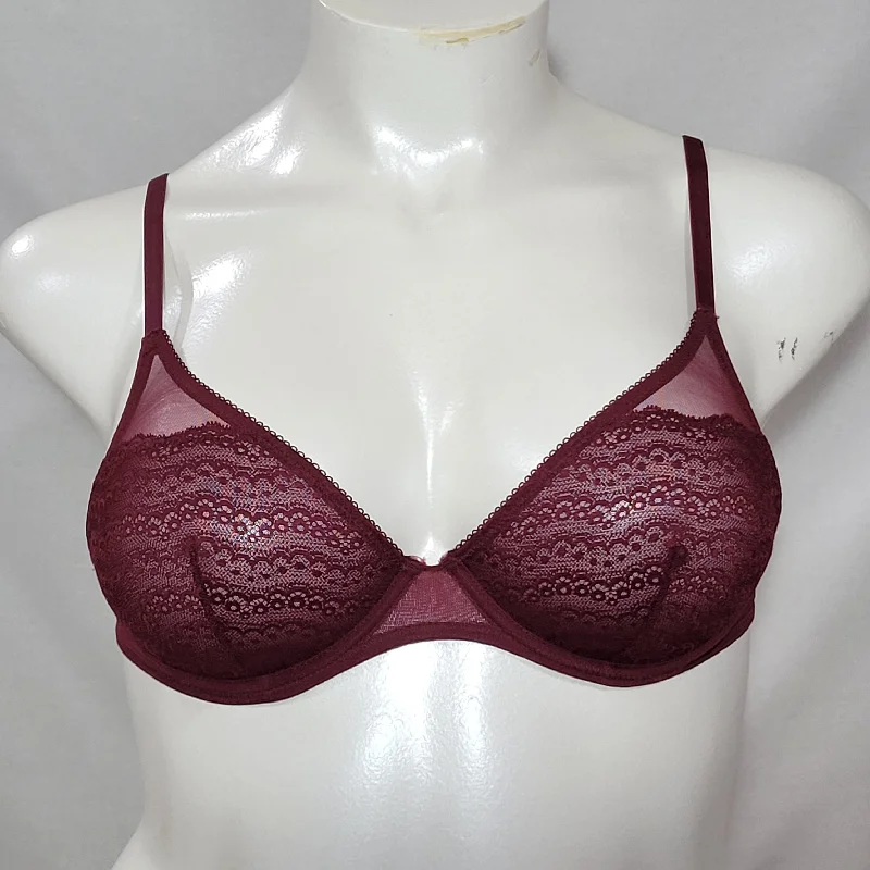 Xhilaration Unlined T-Shirt Lace Underwire Bra 34B Boysenberry Red Beaded Sequined Faux Fur