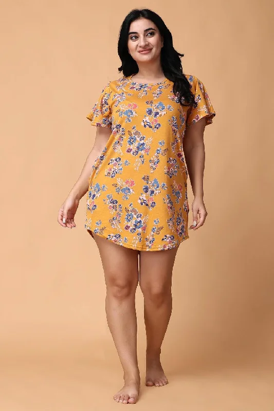 Yellow Floral Printed Long T-shirt Dress Satin Fabric Silk Fabric Chiffon Fabric