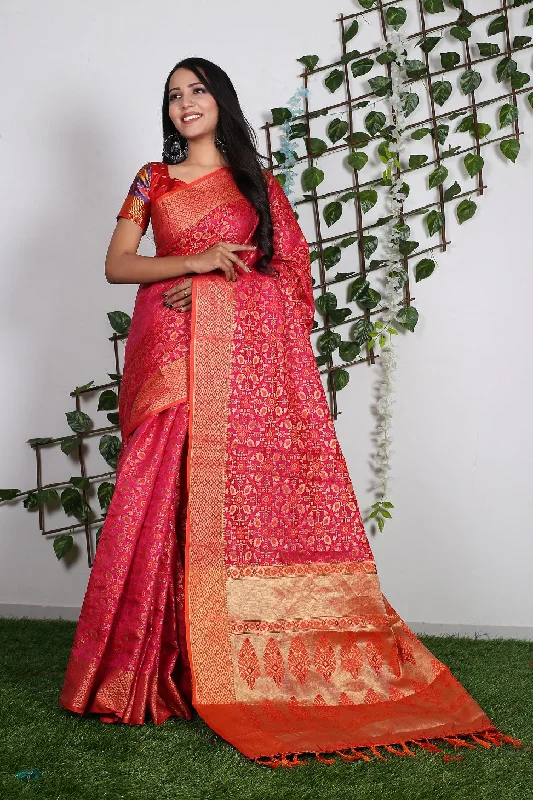 Women Party Wear Patola Silk Saree with Un Stitched Blouse Sheer Sleeve Blouse