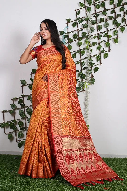 Women Party Wear Patola Silk Saree with Un Stitched Blouse Double Button Blouse