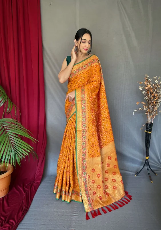 Women Party Wear Patola Silk Saree with Un Stitched Blouse Frilled Cuff Blouse