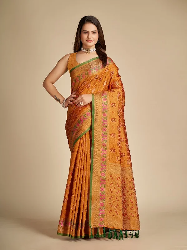 Women Party Wear Patola Silk Saree with Un Stitched Blouse Flowy Bohemian Blouse
