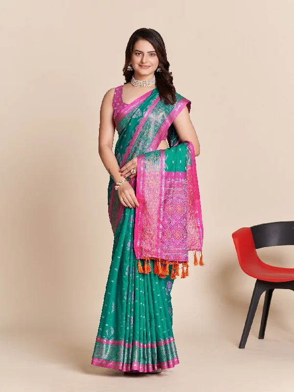 Women Party Wear Patola Silk Saree with Un Stitched Blouse Chic Off-Shoulder Blouse