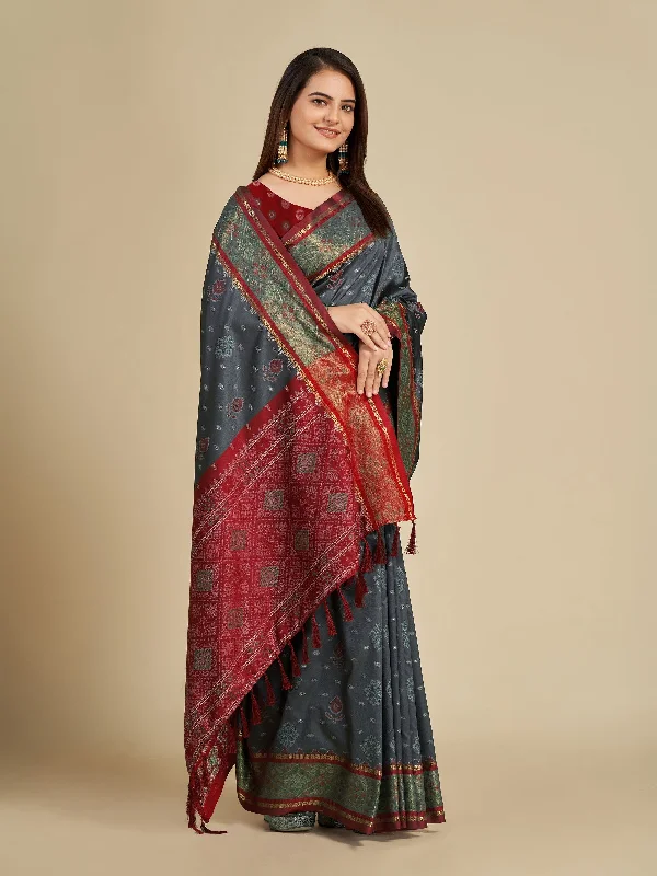 Women Party Wear Patola Silk Saree with Un Stitched Blouse Ruffled Neck Blouse