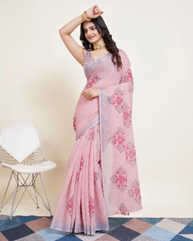 Women Party Wear Printed Semi Cotton Saree with Un Stitched Blouse Classic Striped Blouse