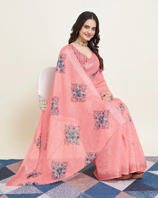 Women Party Wear Printed Semi Cotton Saree with Un Stitched Blouse Sheer Mesh Blouse