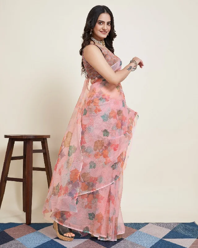 Women Party Wear Flower Printed Net Saree with Un Stitched Blouse Drape Neck Blouse