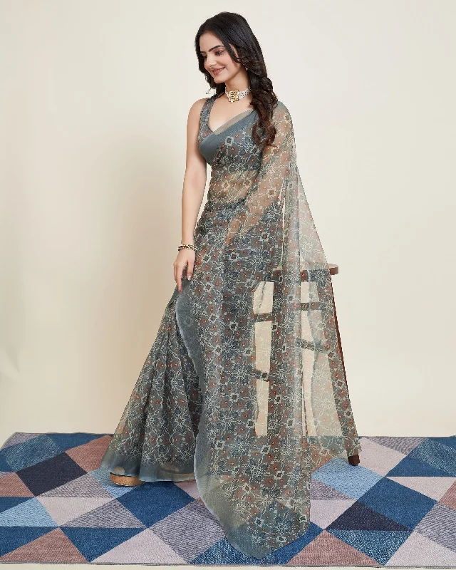 Women Party Wear Flower Printed Net Saree with Un Stitched Blouse Feminine Tie Blouse