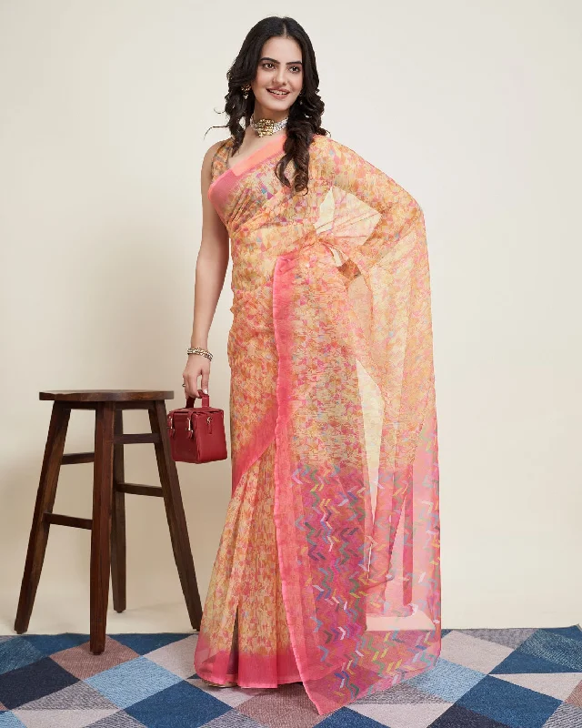 Women Party Wear Flower Printed Net Saree with Un Stitched Blouse Loose Fit Blouse