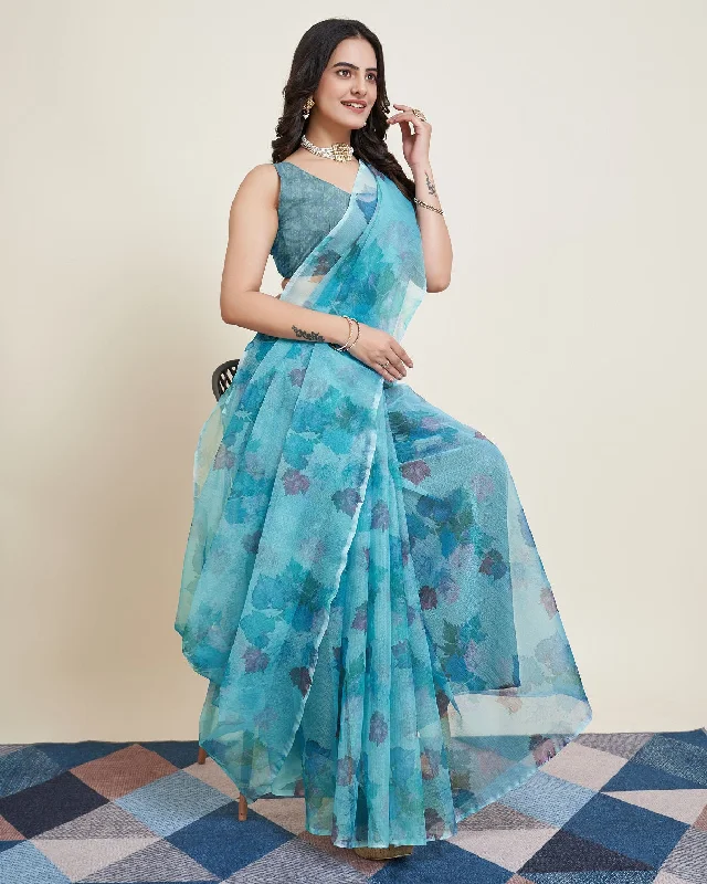 Women Party Wear Flower Printed Net Saree with Un Stitched Blouse Sleeveless Summer Blouse