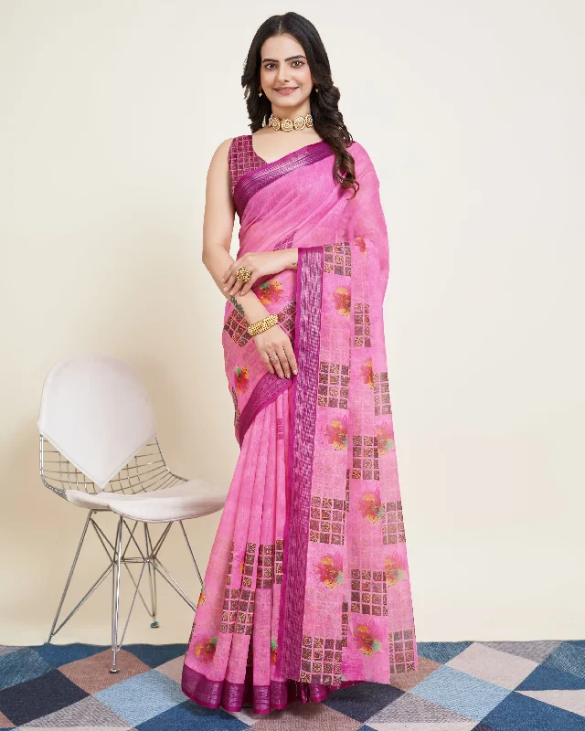 Women Party Wear Printed Semi Cotton Saree with Un Stitched Blouse Vintage Lace Blouse
