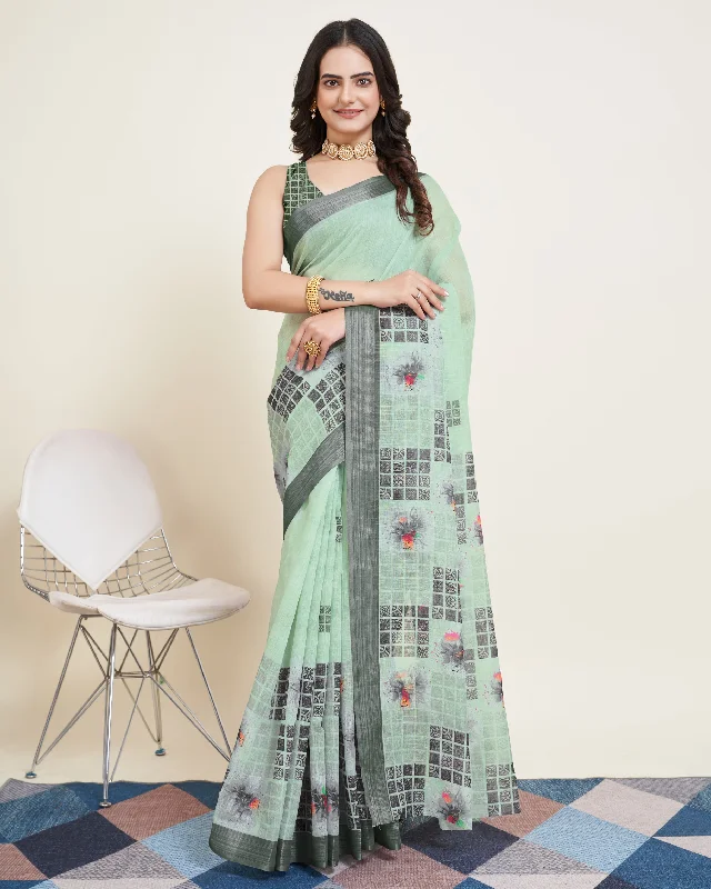 Women Party Wear Printed Semi Cotton Saree with Un Stitched Blouse Soft Satin Blouse