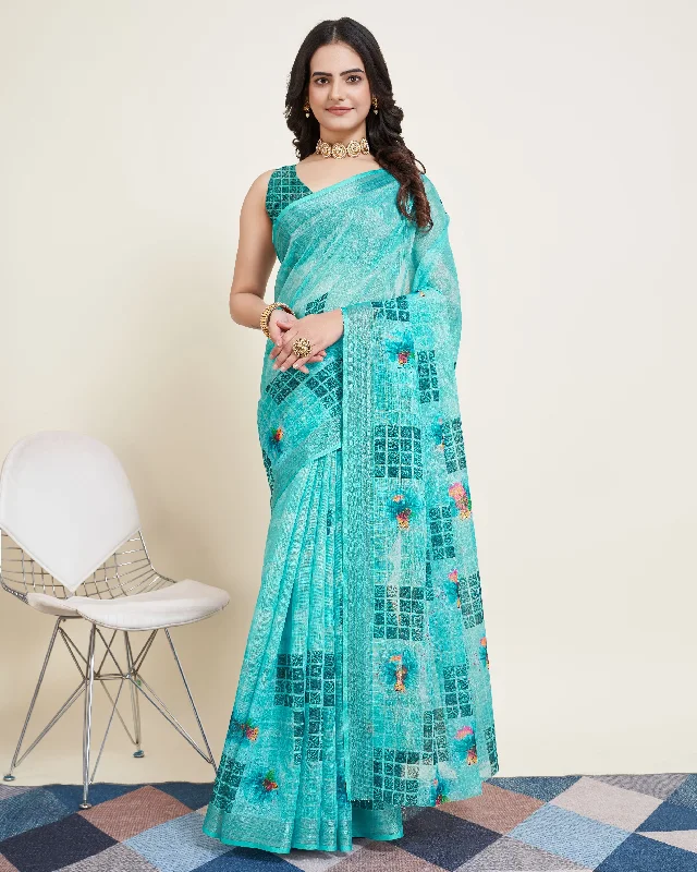 Women Party Wear Printed Semi Cotton Saree with Un Stitched Blouse Floral Print Blouse