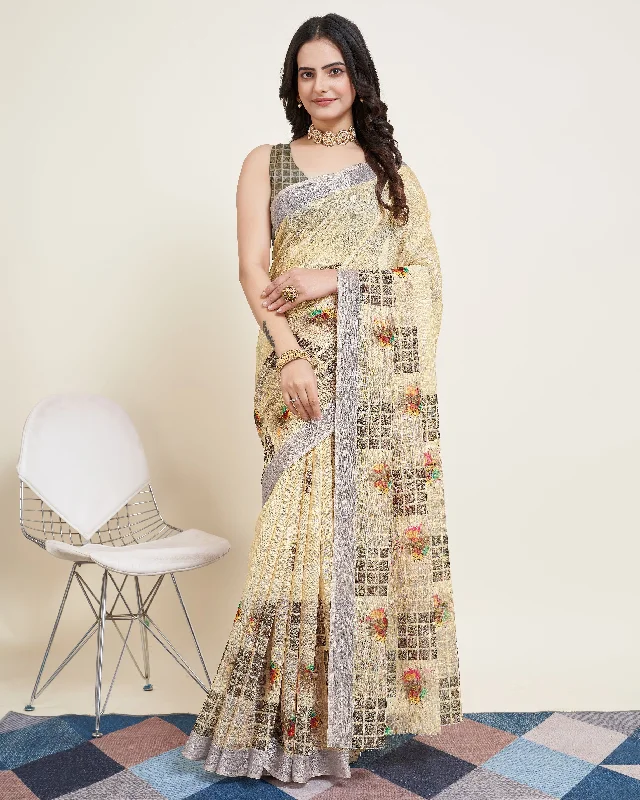 Women Party Wear Printed Semi Cotton Saree with Un Stitched Blouse Classic White Blouse