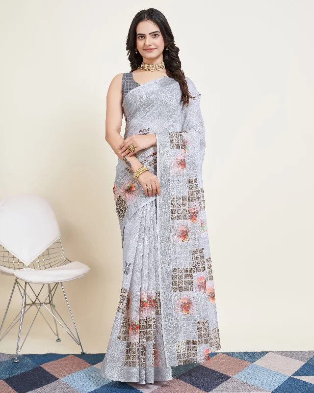 Women Party Wear Printed Semi Cotton Saree with Un Stitched Blouse Playful Puff Blouse