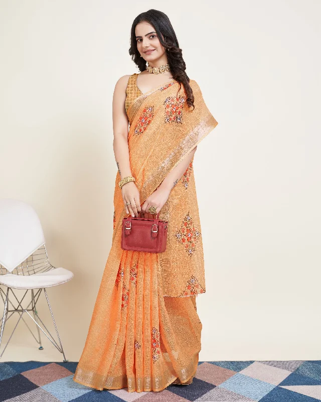 Women Party Wear Printed Semi Cotton Saree with Un Stitched Blouse Elegant Embroidery Blouse