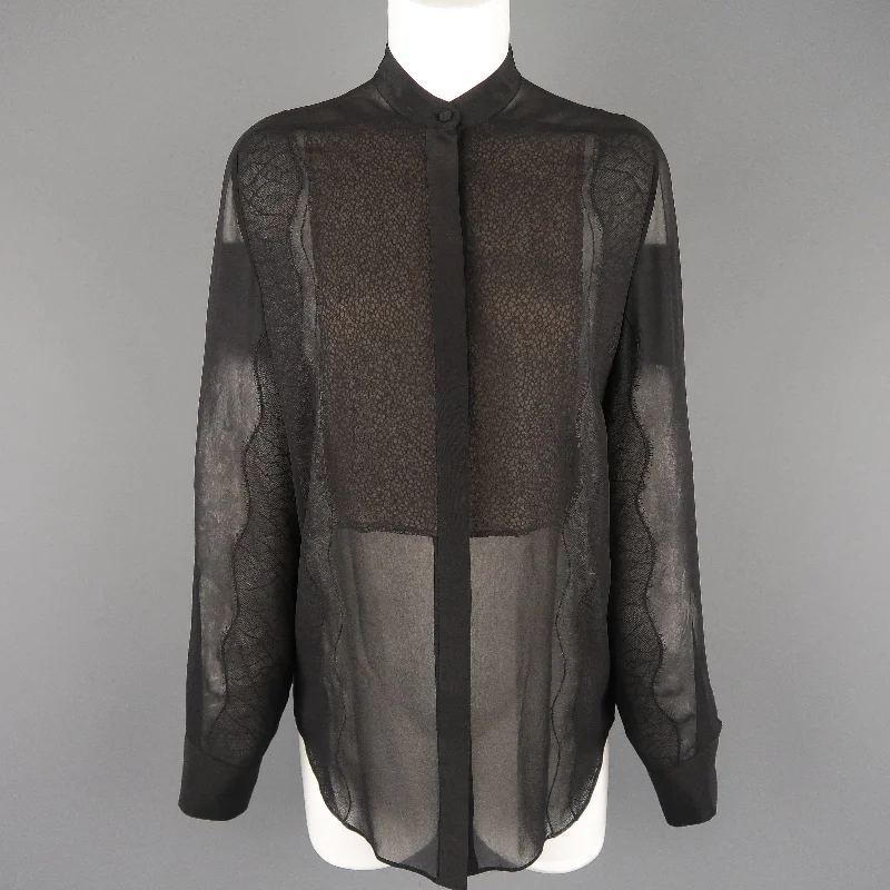 3.1 PHILLIP LIM Size S Black Silk Chiffon Lace Panel Band Collar Blouse Chic Sleeveless Blouse