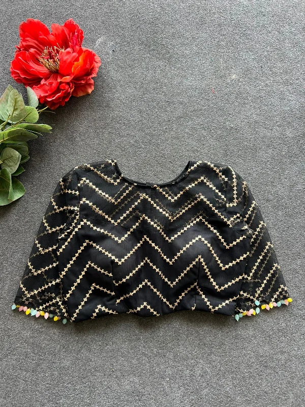 Black sequins embroidery netted blouse Double-Layered Blouse