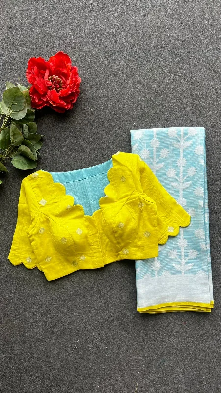 Blue kota embroidery saree with lime yellow blouse Puff Sleeve Blouse
