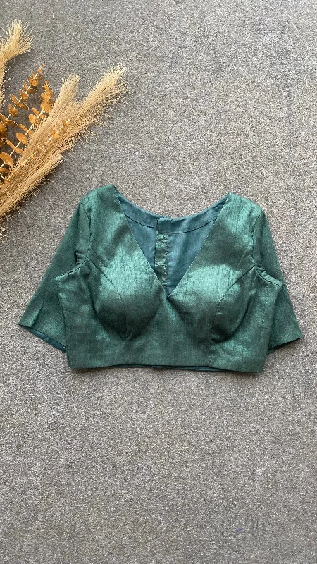 Bottle green silk V neck patterned blouse Subtle Shimmer Blouse