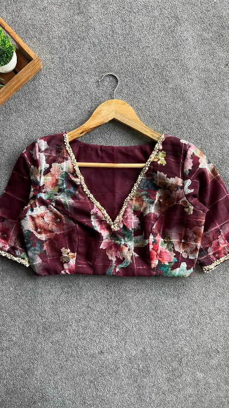Brown cotton pearl hand work blouse Casual Stripe Blouse