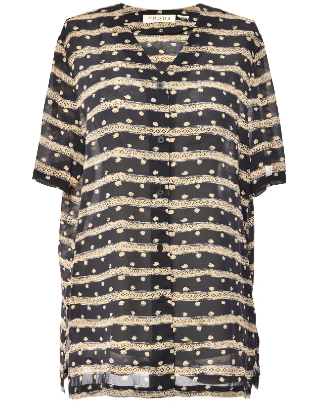 Chaus Button-Front Black Blouse - L Sheer Mesh Blouse
