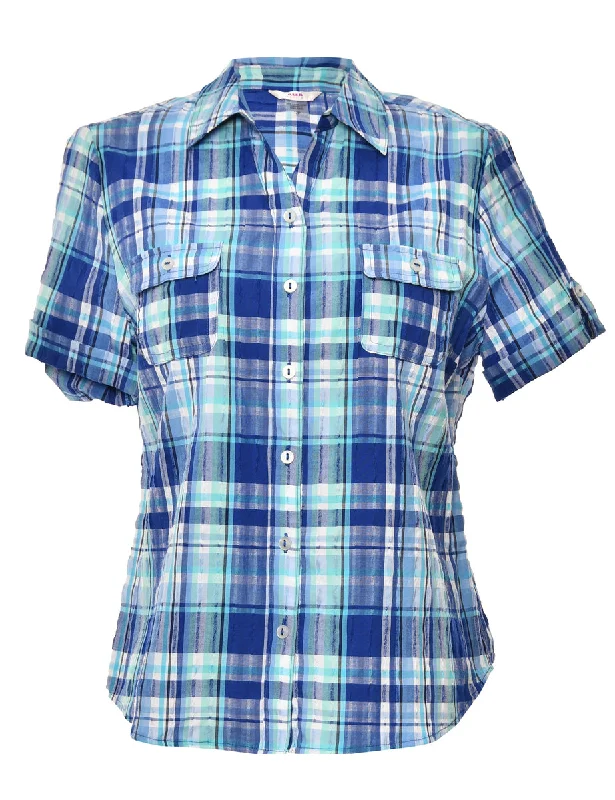 Checked Blue Blouse - L Feminine Puff Blouse