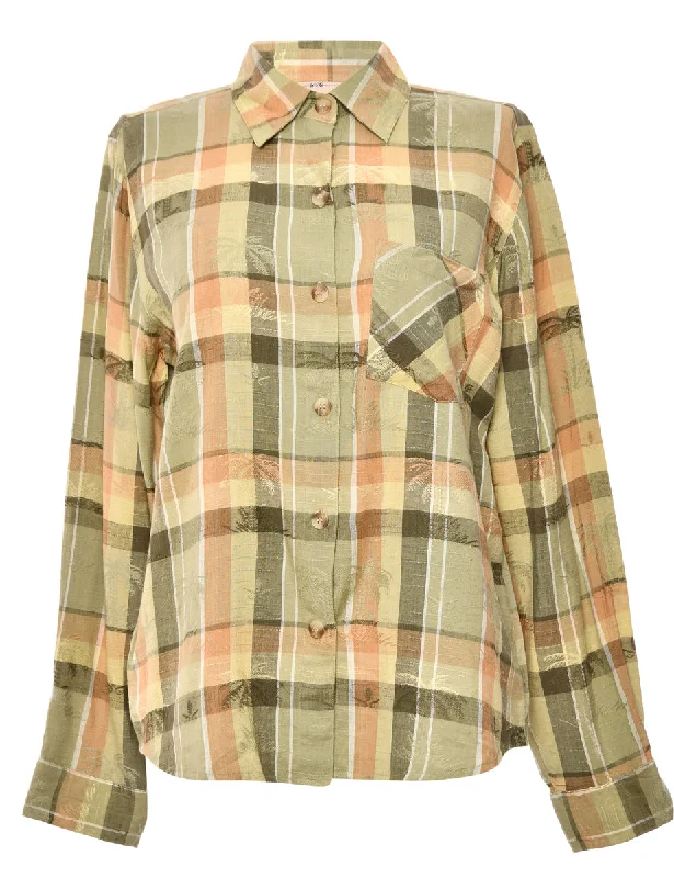 Checked Olive Green Blouse - M Double Button Blouse