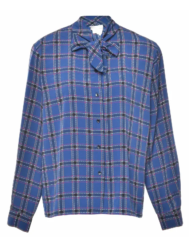 Checked Pussy Bow Blouse - L Relaxed Fit Blouse