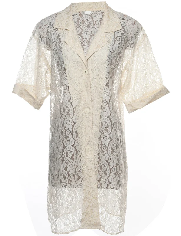 Classic White Lace Evening Blouse - M Feminine Tie Blouse