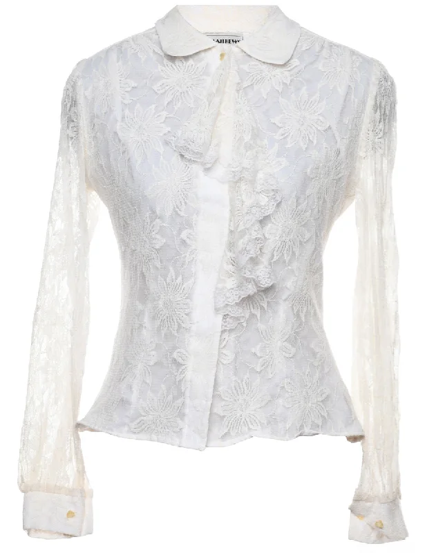 Classic White Lace Evening Blouse - M Loose Fit Blouse
